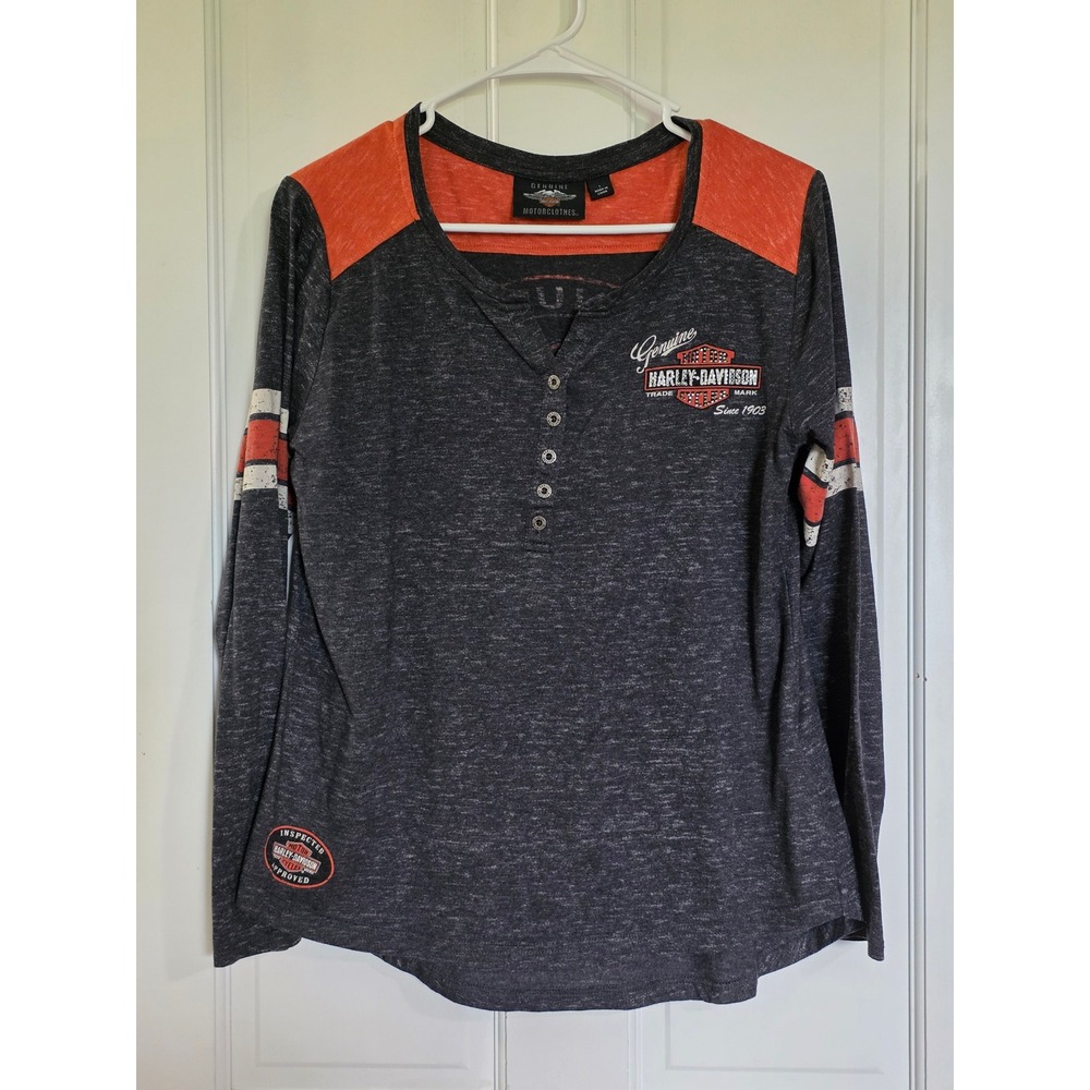 Harley-Davidson Womens Henley Long Sleeve Shirt Grey Orange Rhinestone Logo L